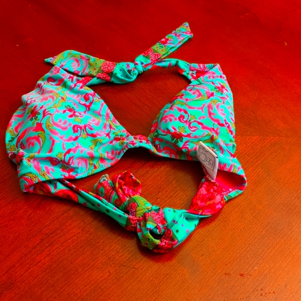 BECCA Halter Bikini Top.Teal pink floral print Size D